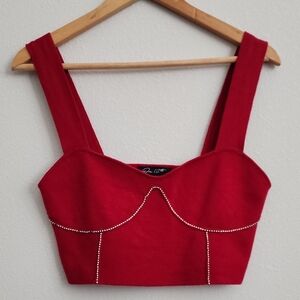 Cropped Rhinestone Embellished Red Tank Top